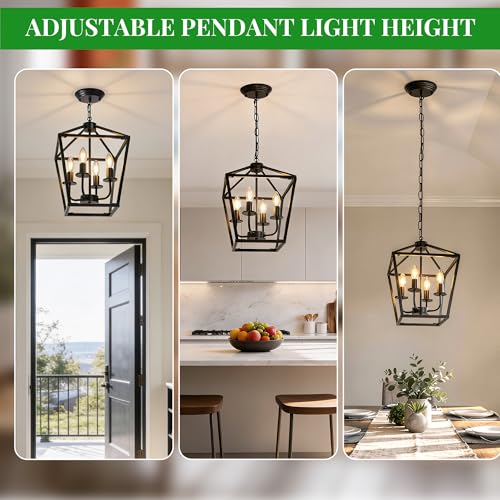 Image of Farmhouse Lantern Chandelier 4-Light, Industrial Black Ceiling Light Fixture with Rustic Open Cage and Adjustable Hanging Height, E12 Base for Kitchen Island, Dining Room, Entryway, Foyer