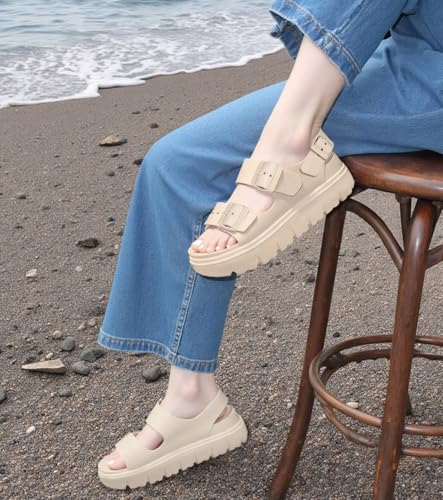 Image of Haifago Womens Platform Sandals with Arch Support, Summer Beach Slides with Adjustable Buckle, Comfort Lightweight Chunky Cushion Slip on Sandal