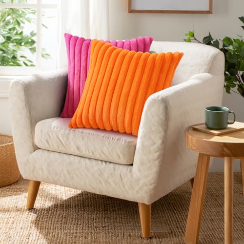 Pallene Faux Fur Plush Throw Pillow Covers 16x16 Set of 2, Luxury Soft Fluffy Striped Decorative Pillow Covers for Sofa, Couch, Living Room, Hot Pink
