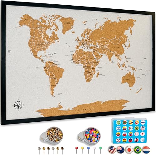 World Map Pin Board Large 30"x20" Framed | Cork Wall