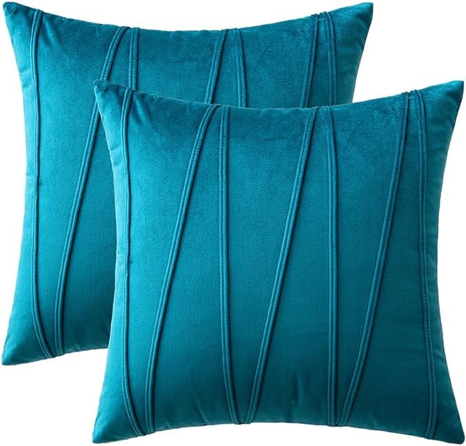 Image of Amazon Brand - Umi Decorative Striped Throw Pillow Covers 24 X 24 Inch,Soft Solid Velvet Pillow Covers Cushion Case with Zigzag Pattern for Sofa Bedroom 60 X 60 Cm (Pack of 2) Teal