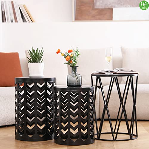 Hfhome Multifunctional Nesting Round Metal Coffee End Tables, Set Of 3 Modern Furniture Nightstands Decor Side Tables Plant Stand For Home Office Indoor Garden Outdoor- Pure Black #TOP1