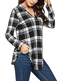 Hotouch Womens Check Shirts Notch Neck Loose Tops Plaid Tunic Blouse Black and White Plaid XXL