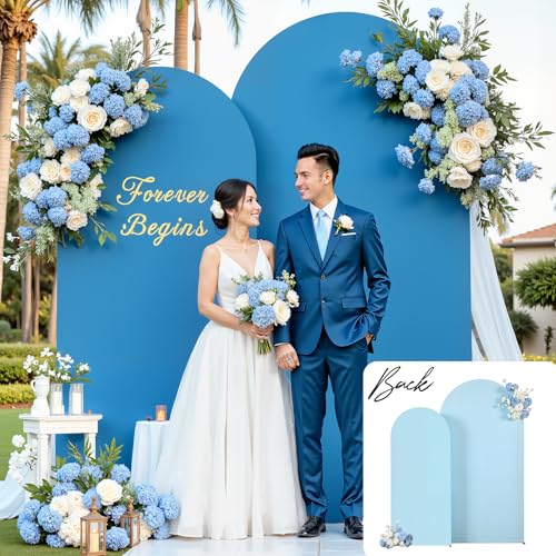 Image of Baby Blue and Royal Blue Arch Cover 2 Set-7.2FT and 6FT Arch Backdrop Cover Spandex Fitted Wedding Arch Stand Covers for Baby Shower Boy Birthday Party Gender Reveal Photo Background Decorations