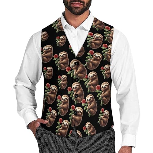 Sloth Rose Suit Vest for Men Waistcoat Dressy V Neck Button Down Sleeveless Business Jacket Coat