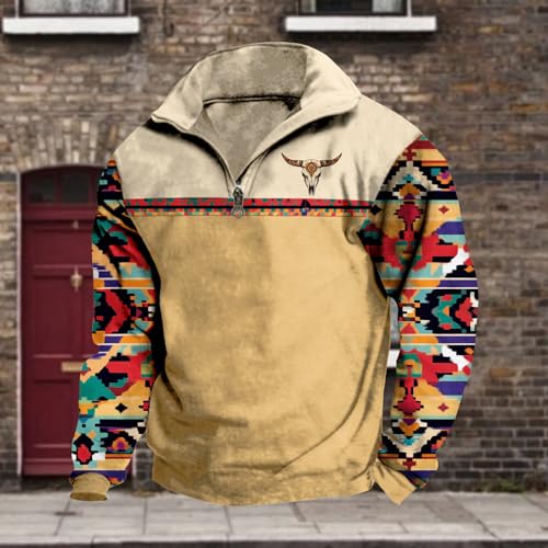 Aztec Cowboy Mens Hoodie Vintage Graphic Western Hoodies Casual Long Sleeve 1/4 Zip Pullover Mens Country Jacket3