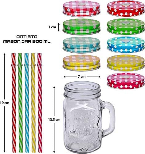Benign (Pack of 6) Glass Mason Mug, Soft Drink Mason jar with Multicolor Lid and Straw, 500 ml, Clear 4