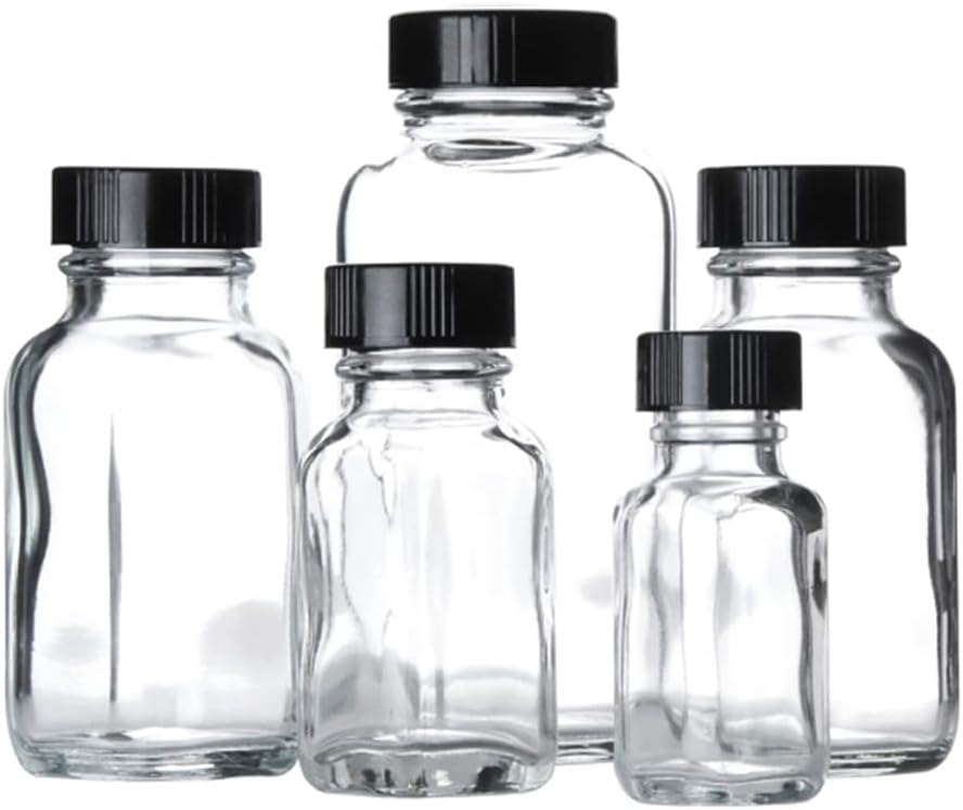 Wheaton W216891 French Square Bottle, Clear Glass, Capacity 2oz With 28-400 Black Phenolic Poly-Seal Lined Screw Cap, Diameter 39mm x 87mm (Case Of 48)