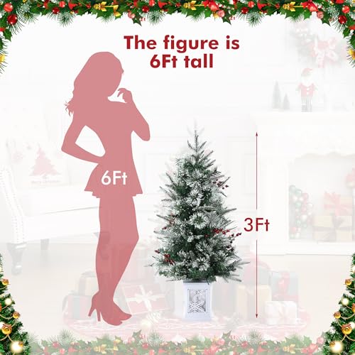 GarveeHome 3ft Small Christmas Tree Pre-Lit Artificial Christmas Tree with 78 Led Lights, Snow Flocked Xmas Tree with Brown Base, Timer Function, Battery Operated, for Home Decor
