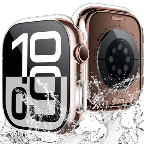 TAURI 2 Pezzi Cover per Apple Watch Series 11/10 46mm, [Certificazione IP67 Impermeabile] con Protezione in Vetro Temperato 9H, [Completa] Custodia Protettiva Sottile 46mm-Trasparente
