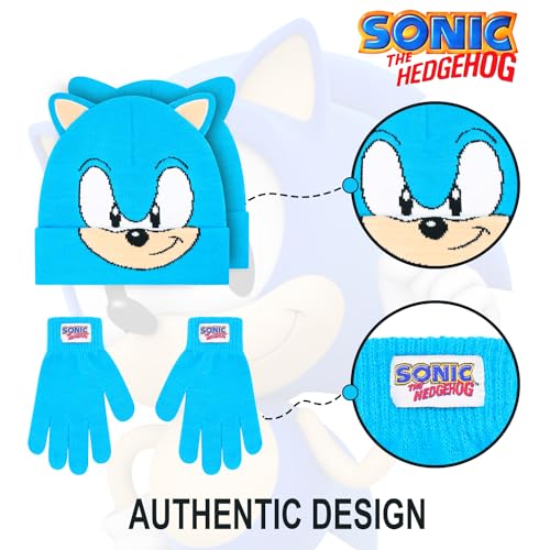 Image of Sonic The Hedgehog Winter Hat and Gloves Set - Blue Sonic Hat for Boys Ages 5-13 - Winter Hat with Scarf and Glove Set