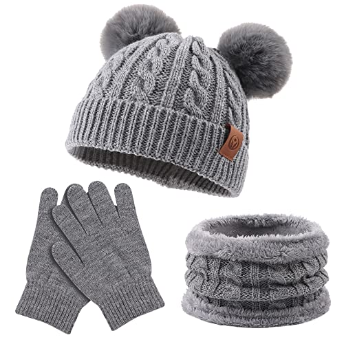 Image of Yuoahcn Kids Winter Beanie Hat Scarf Gloves Set Knit Warm Toddler Winter Cap Gloves Neck Warmer for Boys Girls 1-8 Year