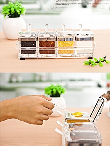 Tenta Kitchen Gourmet Acrylic Seasoning Box - Premium Quality Pure Acrylic Container And Case- 18/8 Stainless Steel Ring - 4 Serving Spoons -Luxurious Condiment Cruet Bottle, Spice Jar Set #TOP4