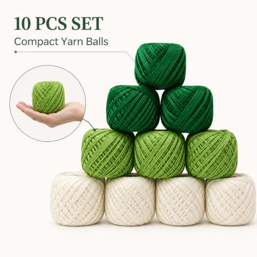 Image of Crochet Cotton Thread Yarn Combo, 10 Rolls for Knitting, Crochet, Embroidery and Craft Making, Soft Decorative Thread for Handmade DIY Projects (Dark Green -Light Green &Cream)
