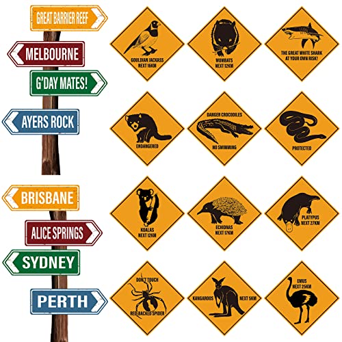 Perkoop 16 Pieces Australian Party Decoration Outback Street Sign Cutouts Gday Mate Wall Decor Accents for Aussie Vibe Featuring Kangaroo Koalas Crocodile for Festive Occasions Decor
