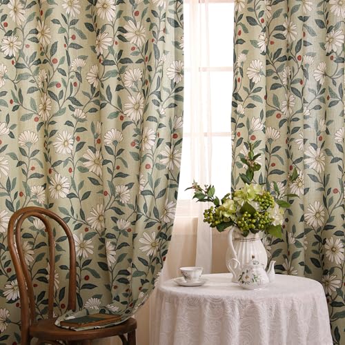 Image of ISAENNE Designer French Green Linen Printed Curtain,2 Panels,79 inchx53 inch-Brune | Vintage Curtains with Grommet 79 inches long,Floral Pattern Home Decor Draps,kitchen Bedroom Living Room Window Blackout