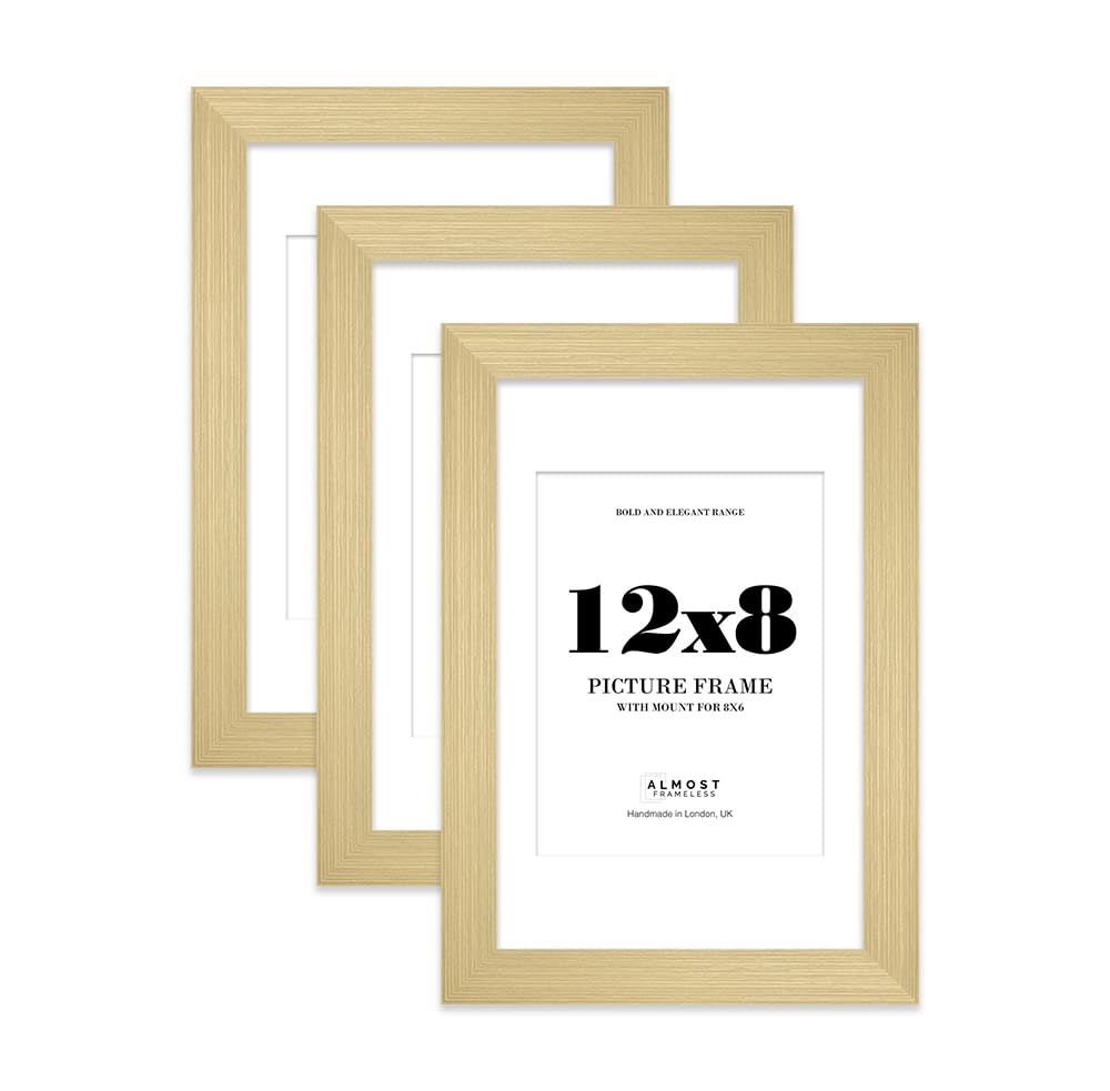 12x8" Gold Frame With Mount for 8x6" Pictures 28mm Edge Portrait and Landscape Display with Wall Hooks and Kickstand, 3 Pack