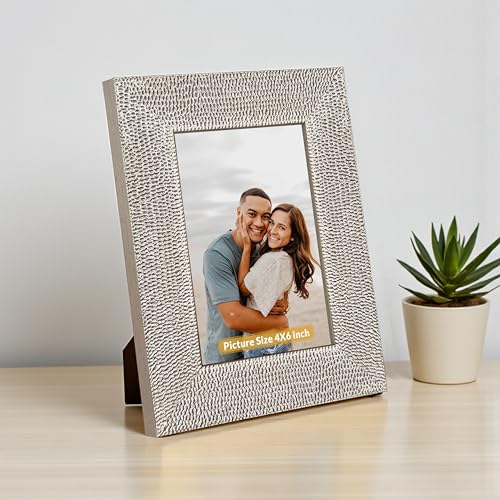 Image of Art Street Table and Wall Photo Frame Textured Picture Frames Picture Frame, Silver Metal Look for 4x6 Photos Tabletop Photos for Home Decor, Wood Photo Frames for Wall and Table Decoration 10x15 cm