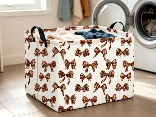 Image of CLOCOR Rectangular Storage Basket,Waterproof Books Box with Handles,Gift Basket(Leopard Print Bow)