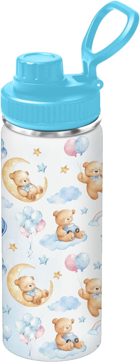 Bear Water Bottle for Son & Daughter, Stainless Steel Insulated Tumbler for Home with 2 Lids & Handle, Antislip Silicone Boot, 18oz Reusable Leak-Proof Bottle for Sports, 1 PCS - Image 2