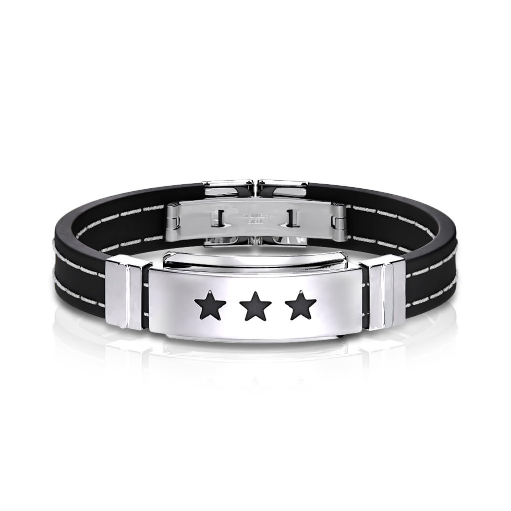 Paula & Fritz Pulsera para hombre de goma negra y plata con estrellas de 185 mm de largo, 10 mm de ancho, acero inoxidable, pulsera para mujer, pulsera de goma