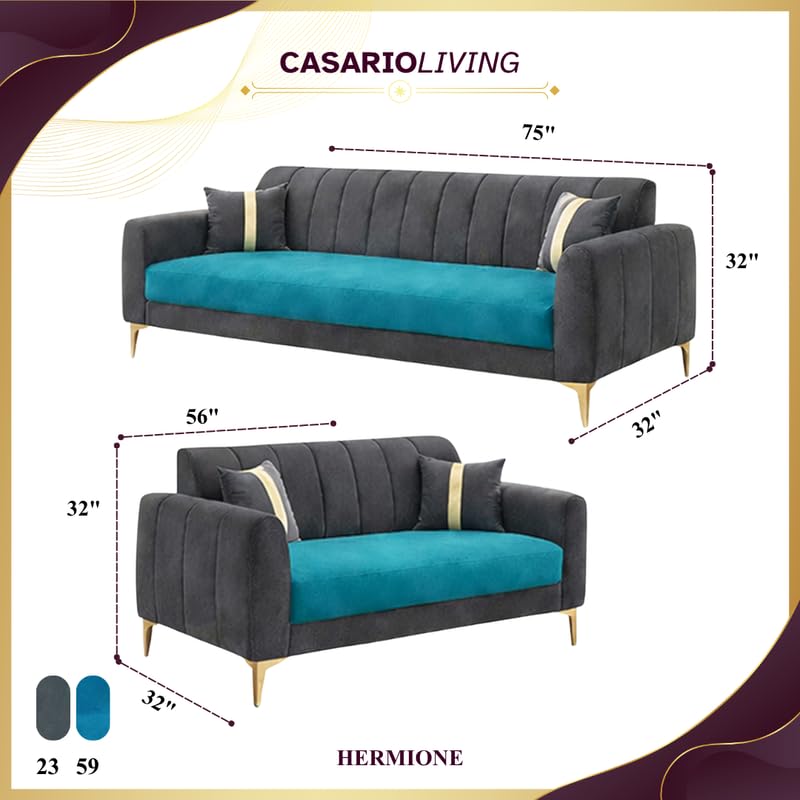Image of Hermione Luxe Velvet-Suede Fabric 3 Seater + 2 Seater Sofa Set | Golden Legs | Comfortable & Spacious Seating | Modern Sofa Set for Living Room - Dark Gray & Aqua Blue
