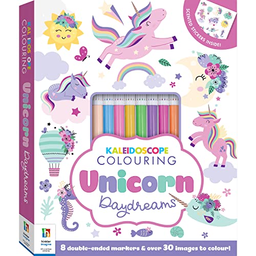 Hinkler - Kaleidoscope Colouring Kit - Unicorn Daydreams - Art and Craft Activity for Ages 6-12 Years - Includes Over 30 Pages, 8 Double Ended Markers and A Sheet of Scented Stickers