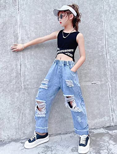 Shhyjun Girls Wide Leg Ripped Jeans Fashion Baggy Elastic Waist Washed Denim Pants 5-14 Years(Ripped 2,10-11 Years) #TOP1