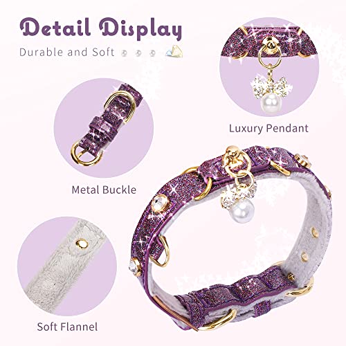 Image of Cat Collar, Dog Collar, [Bling Rhinestones] PU Leather Adjustable Pet Collar with Luxury Pendant for Cat and Small Dog Extra Small Purple