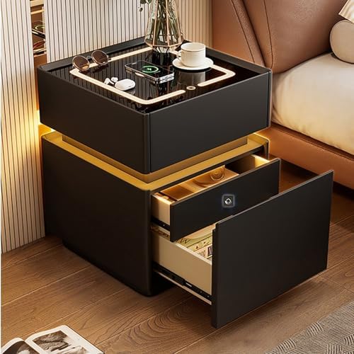 Smart Bedroom Nightstand with Charging Station & Fingerprint Lock, Modern 3-Drawer Side Table with LED Light for Bedroom & Living Room, Black (40cm/15.7in)