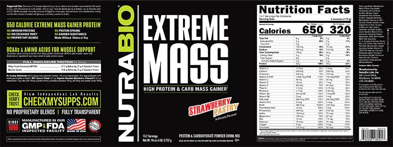 NutraBio Extreme Mass Gainer Protein Powder, 53G Protein, Clean Weight Gainer, Increase Muscle Mass, Full Spectrum Amino Acid - Strawberry Pastry, 6 Pound