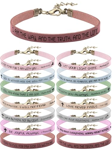 Image of Sureio 15 Pcs Christian Gift Bracelets for Women Men Inspirational Leather Religious Bible Verse God Faith Scripture Bracelet