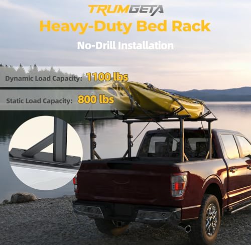 Image of TRUMGETA Adjustable Aluminum Truck Ladder Rack Fit for F150 Silverado Ram Sierra, Clamp-On No Drill Installation, Heavy Duty 1100 LBS Load Capacity, Truck Bed Rack for Ladders, Kayaks, Bikes