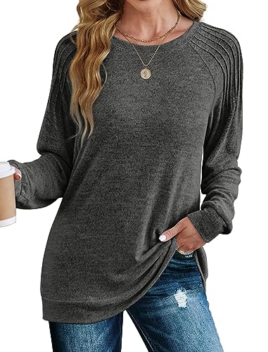 Saloogoe Sweatshirt For Women Trendy Lightweight Sweaters Long Sleeve Tunic Tops Pleated Grey M cover