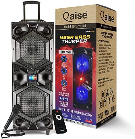 QAISE Professional Bluetooth Speaker & Party Karaoke Machine with Deep Bass, Dual 15” Subwoofer, 1.5” Tweeter, LED Lights, Large PA System with Wheels, 18000 Watts Peak Power (Mega Bass Thumper)
