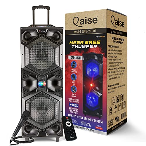 Qaise Professional Bluetooth Speaker & Party Karaoke Machine With Deep Bass, Dual 15” Subwoofer, 1.5” Tweeter, Led Lights, Large Pa System With Wheels, 18000 Watts Peak Power (Mega Bass Thumper) #TOP24