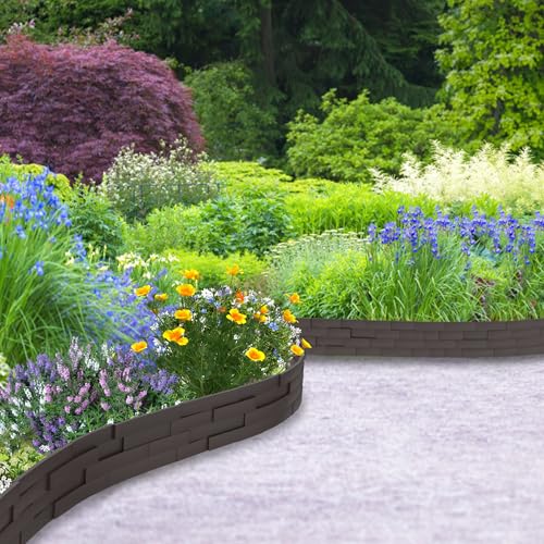 FIVMEN Rasenkante Kunststoff 5 m Steinimitatziegel Beeteinfassung Beetumrandung mit 10 cm Stifte Steinziegel Textur Imitiert beetbegrenzung Mähkante Palisade für Garten, Braun
