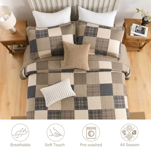 Image of Finlonte 120 inchx120 inch Oversized King Bedspread - 100% Cotton Lightweight Quilted Bedspreads Coverlet Set, Farmhouse Plaid Bedding Reversible Oversized King Quilt with 2 Pillow Shams, Brown /Beige /Cream