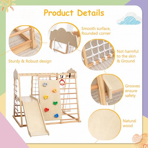 Image of 8-in-1 Wooden Indoor Jungle Gym for Toddlers, Montessori Climbing Playset with Slide, Swing, Climbing Net, Rings, Monkey Bars - Indoor Playground for Kids Ages 3-8