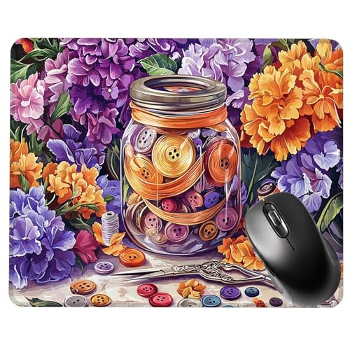 Alfombrilla Ratón Gaming, Mouse Pad, con Base de Goma Antideslizante, Superficie Impermeable, Bordes Cosidos, Compatible con Ratones Láser y Ópticos Portátil, Office, 36x30x0.3cm Botón Flores S0F-625