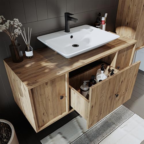 ROOMART Badezimmermöbel Set Gusto 120 cm 4 Teilig mit Keramik Waschbecken (Eiche, Unterschrank mit Keramik Waschbecken)