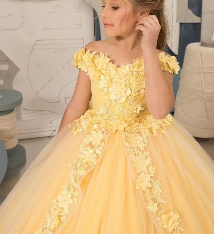 Tulle Flower Girl Dress for Girls Off Shoulder Princess Pageant Dresses 3D Floral Formal Ball Gown