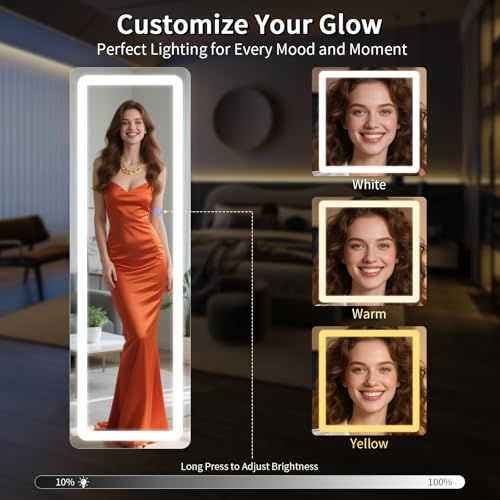 Image of Koonmi LED Full Length Mirror, 63 inchx20 inch Full Length Mirror with Lights, Lighted Floor Mirrors with Stand, Full Body Mirrors with Dimming & 3 Color Lightingfor Living Room Cloakroom, White