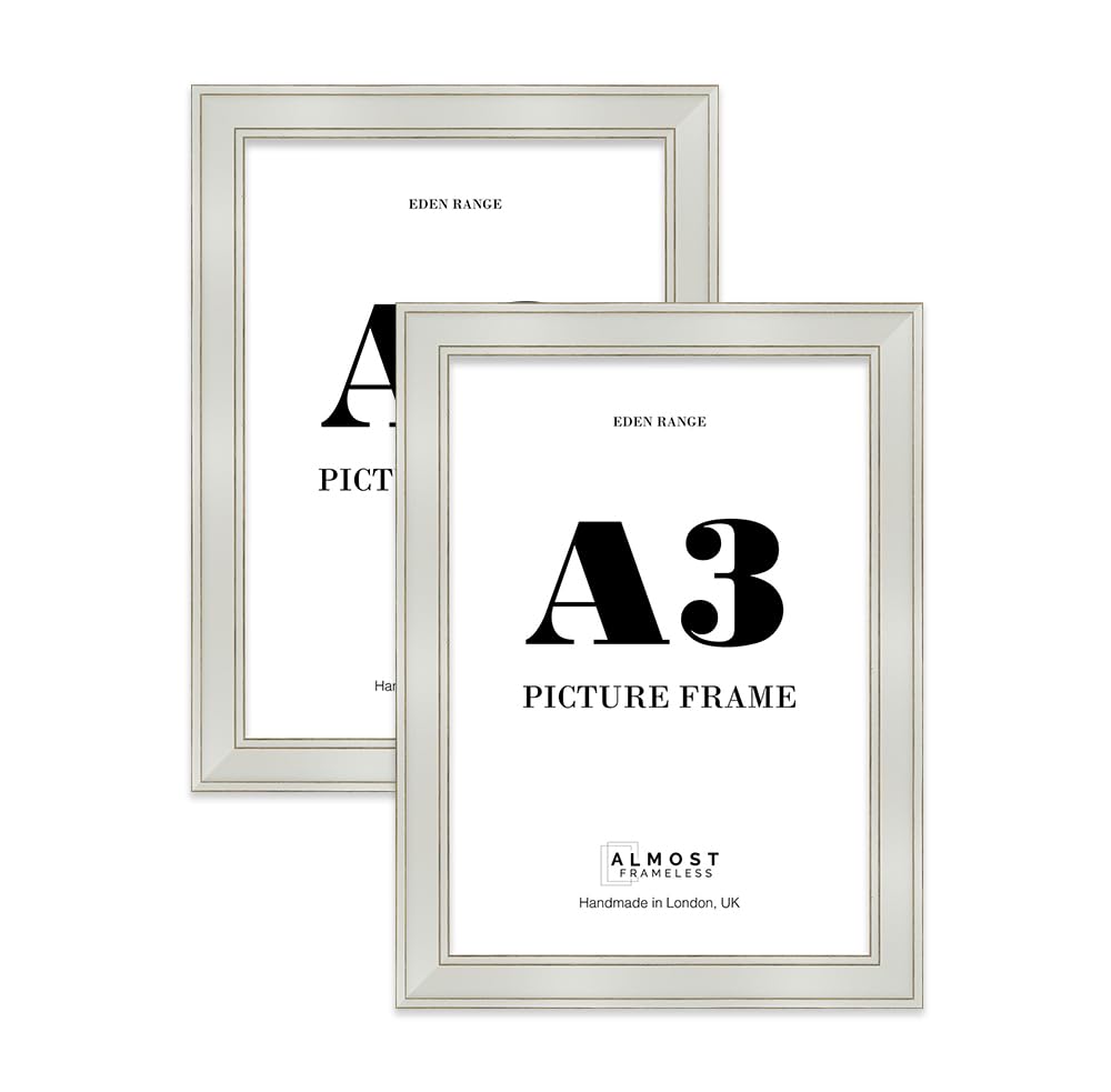 A3 Light Grey Picture Frame - Shabby Chic Photo Frame with Distressed Finish, Gold Trim, Wall Hooks, 37mm Edge - 2 Pack