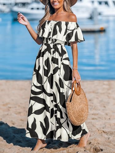 CUPSHE Women Ruffle Floral Maxi Summer Dress Off Shoulder Short Sleeve Backless Flounce Bodice Slit Hem Beach Dresses4