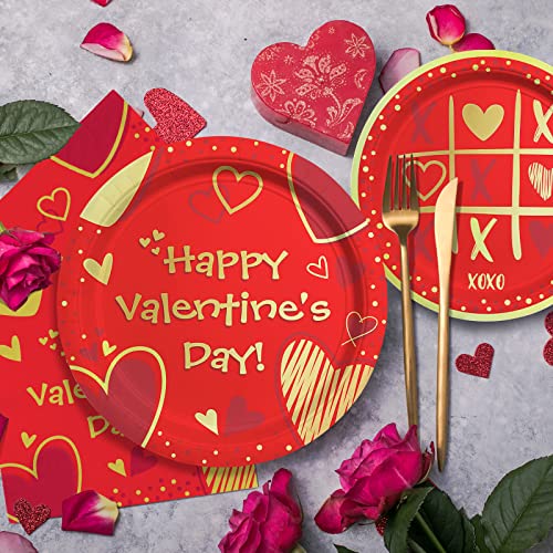 Gatherfun Valentine's Day Party Supplies Red Heart Love Disposable Paper Plates Napkins For Valentine's Day, Engagements, Anniversary, Birthday Party Serve 50 #TOP2