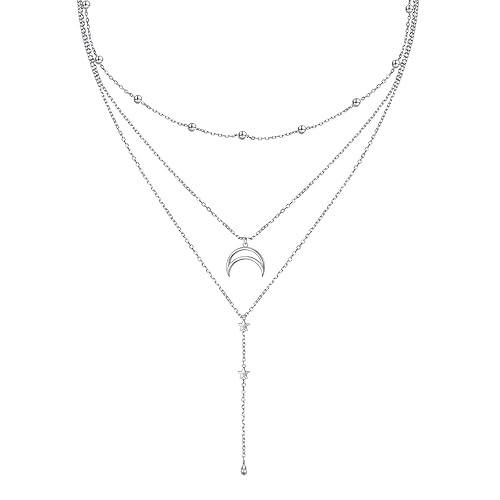 DAOCHONG Layered Necklace 925 Sterling Silver Multilayer Necklace Triple 3 Layered Choker Necklace Long Chain Necklace for Women - C-3 layered moon star