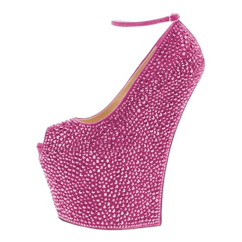 FSJ Women Embellished Rhinestone Wedges Heel Pumps Covered Platform High Heel Peep Toe Ankle Strap Dress Shoes for Wedding Daily Life Size 4-16 US2