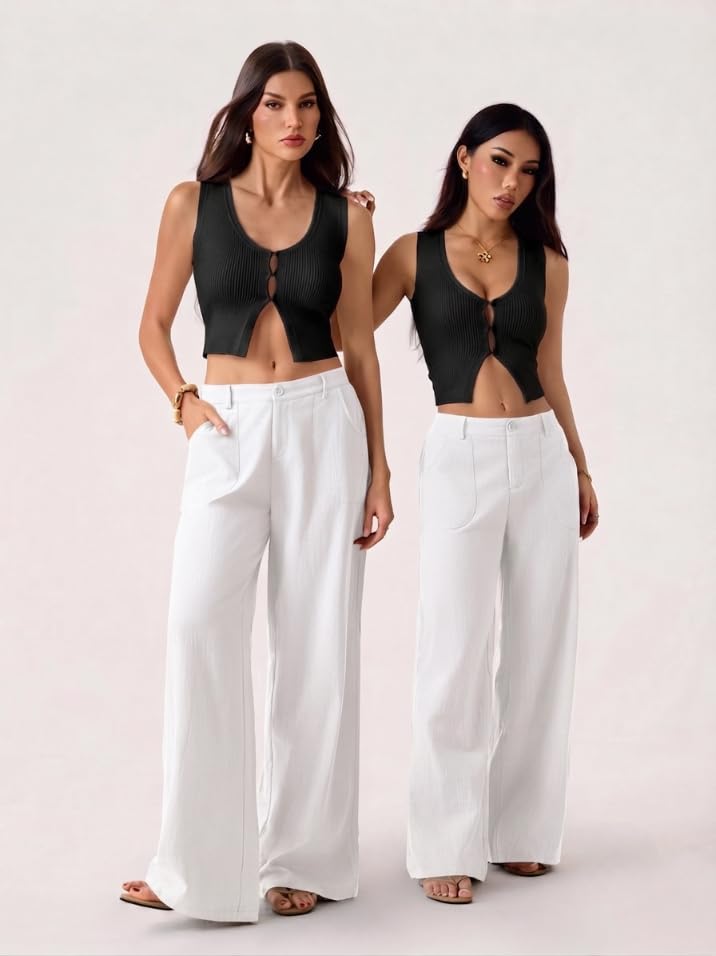Image of GRECIILOOKS Beige Wide Leg Linen Trousers for Women | High Waist Cotton Baggy Korean Style Casual Pants | Comfortable Formal & Casual Women Trousers