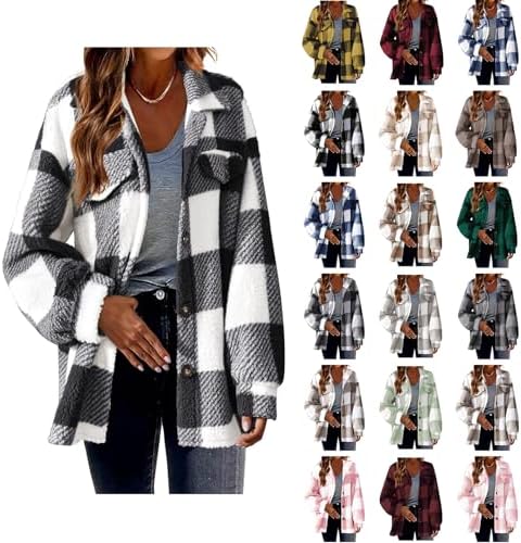 Fleece Jacket Women Winter Sherpa Coat Button Plaid Shacket Casual Long Sleeve Jackets Fashion Outerwear with Pockets